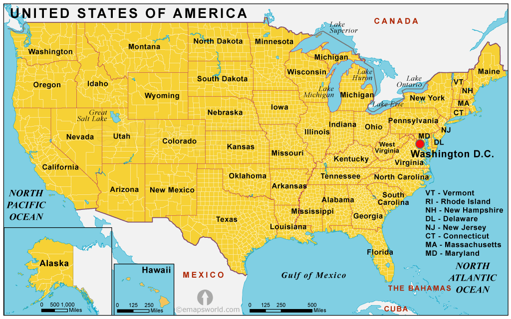 Karta över USA. De flesta svenskar flyttade till Minnesota eller storstäder som Chicago.