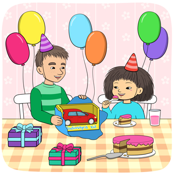 Minja och Mino firar med tårta och ballonger.
