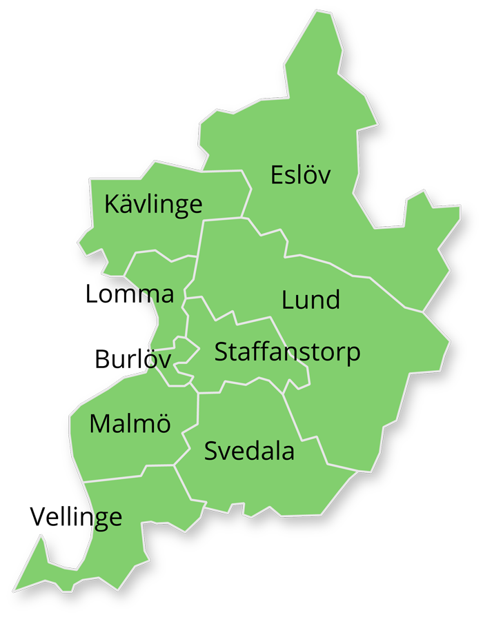 Karta över kommuner: Burlöv, Eslöv, Kävlinge, Lomma, Lund, Malmö, Staffanstorp, Svedala och Vellinge.