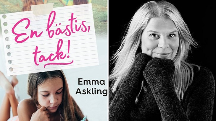 Till vänster syns bokens omslag. Titeln står i rosa, snirkliga bokstäver och under är en bild på en tjej som ligger på mage och läser. Till höger är det en bild på författaren. Hon har långt blont hår och en svart tröja.