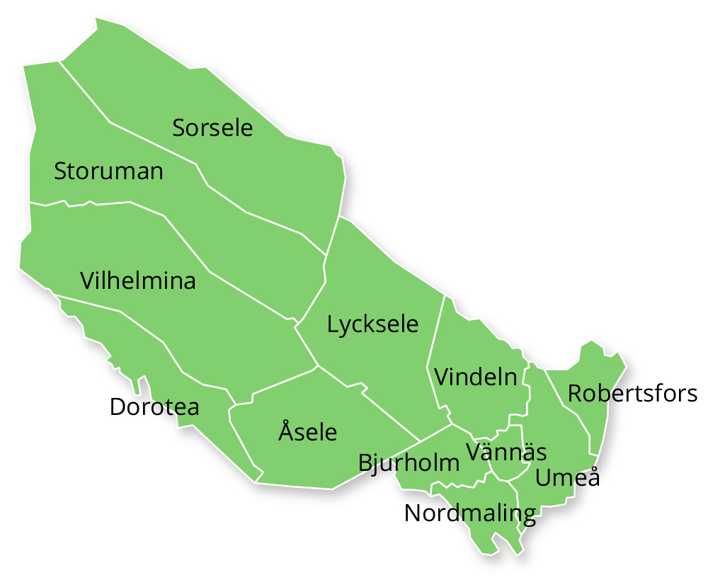 Sorsele, Storuman, Vilhelmina, Dorotea, Åsele, Lycksele, Vindeln, Bjurholm, Nordmaling, Vännäs, Umeå och Robertsfors.