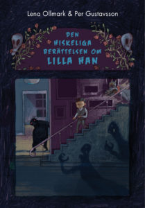 En bild på bokens omslag. Han går nerför en mörk trappa. Runt trappan är det fullt av spöklika skuggor.