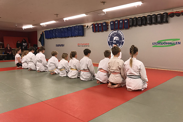 Foto på elever som sitter på en lång rad i budohallen.