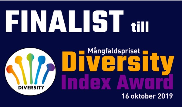 Logga med texten: Finalist till Mångfaldspriset Diversity Index Award, 16 oktober 2019
