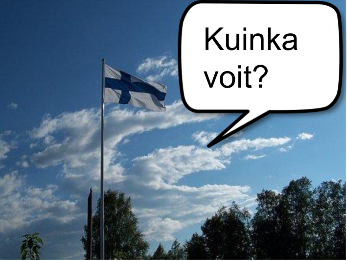 Finska flaggan bredvid en pratbubbla med texten "kuinka voit?"