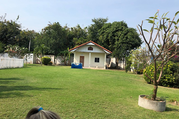 En grön gräsmatta med ett hus på.