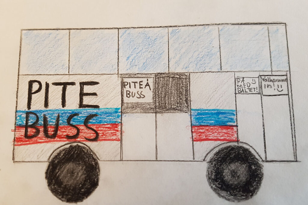 Teckning på en buss. På bussen så står det Pite buss.