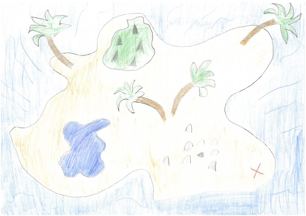 En teckning av en ö med några träd, berg och en sjö på.